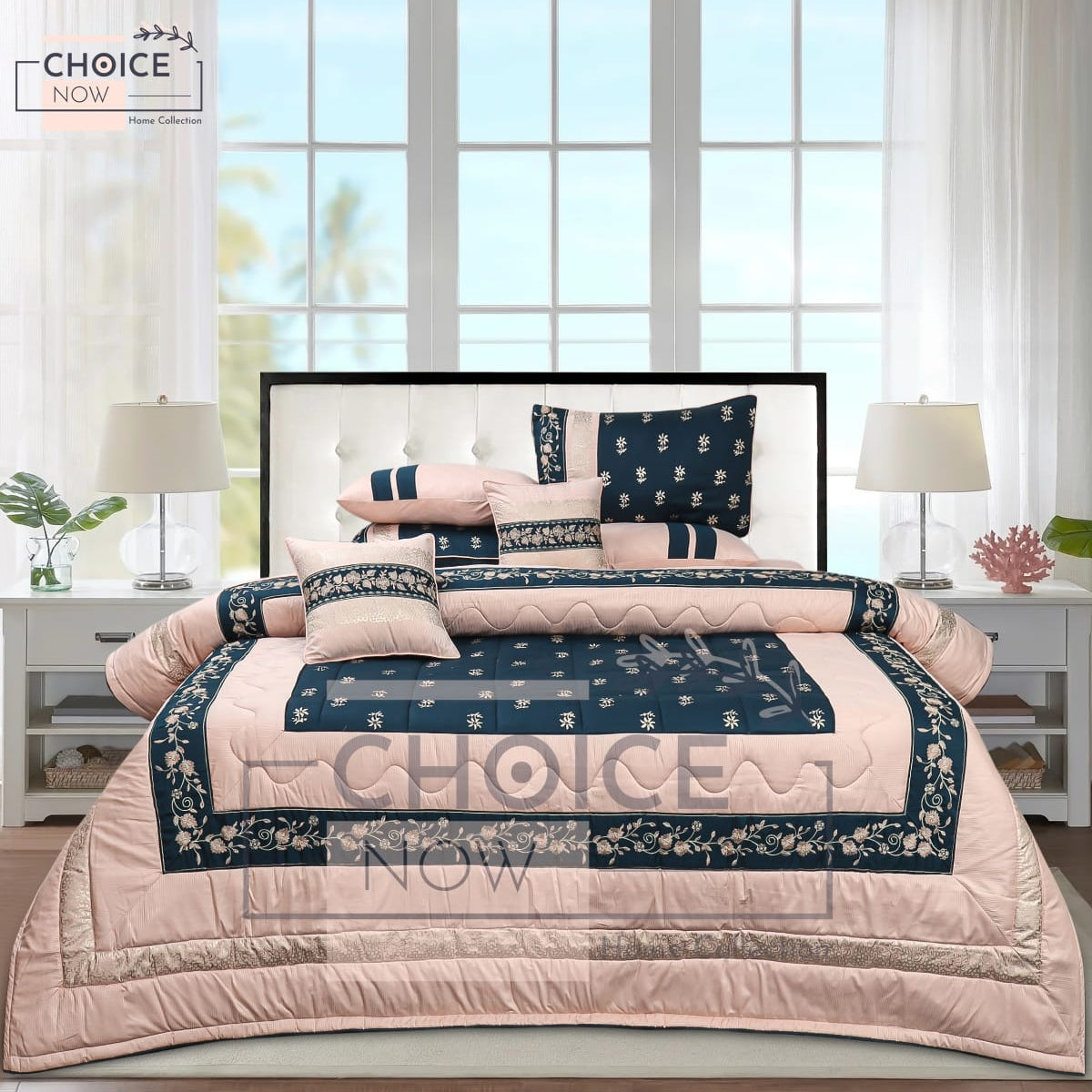 8-Piece Silk Satin Bridal Bedset with Exquisite Block Printing